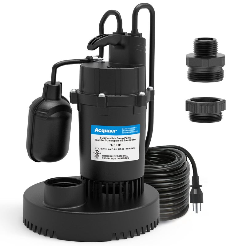 Acquaer 1/3 HP Sump Pump, 3040 GPH Submersible Clean/Dirty Water Pump with Automatic Float Switch and 10ft Power Cord Sub Pump for Basement, Pool, Pond, Drain, Flooded Cellar, Aquarium and Irrigation - Image 1